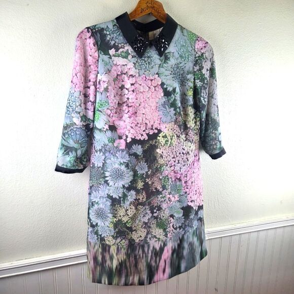 Women's Ted Baker Jacen Floral Print Dress with Beaded Collar Size 3/Medium - Picture 3 of 11